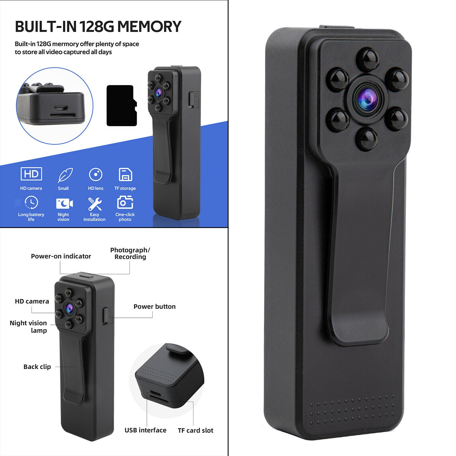 Body Camera Charging Worn Camera Clip Body Fast Record for Outside Home