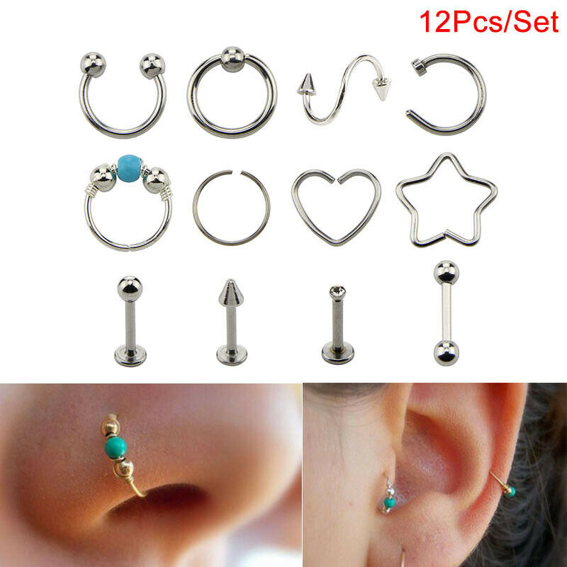 12Pcs/Set Hoop Nose Ear Rings Tragus Cartilage Earrings Piercing Body Jewe.l8