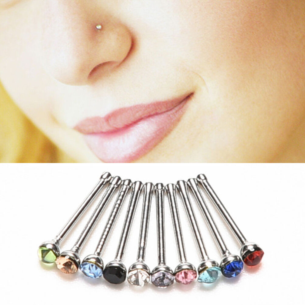 10pcs Crystal Rhinestone Nose Ring Bone Stud Stainless Body Piercing Jewel.l8