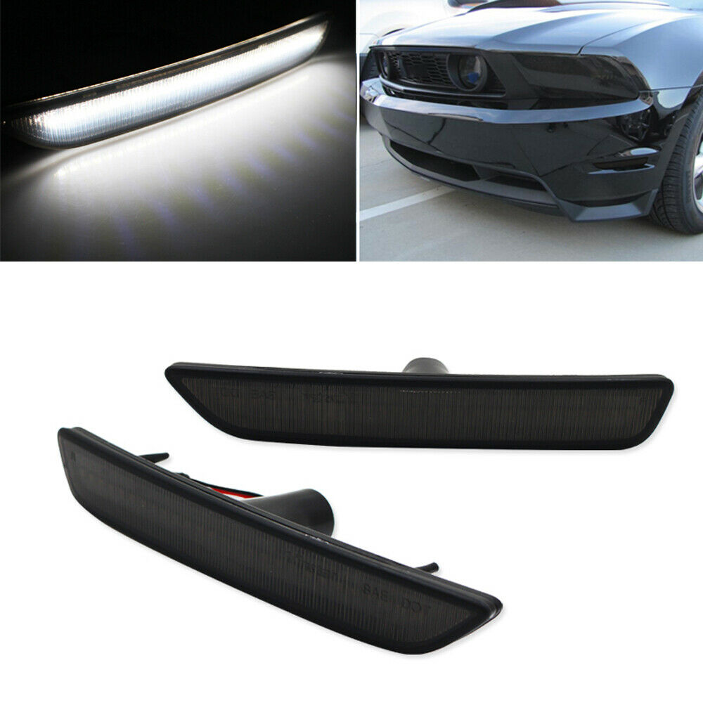 2x White LED Front Bumper Side Marker Lights Smoke Lens For Ford Mustang 2010-14