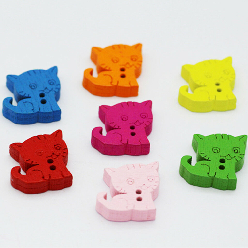100Pcs Novelty Baby Buttons Cats Decorative Buttons Wooden for Knitting 15mm