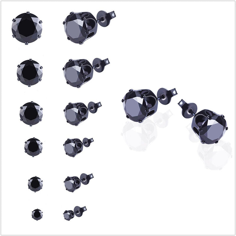 Men Women Stainless Steel Black Round Cubic Ear Studs Earrings 3mm-8mm 6P.l8