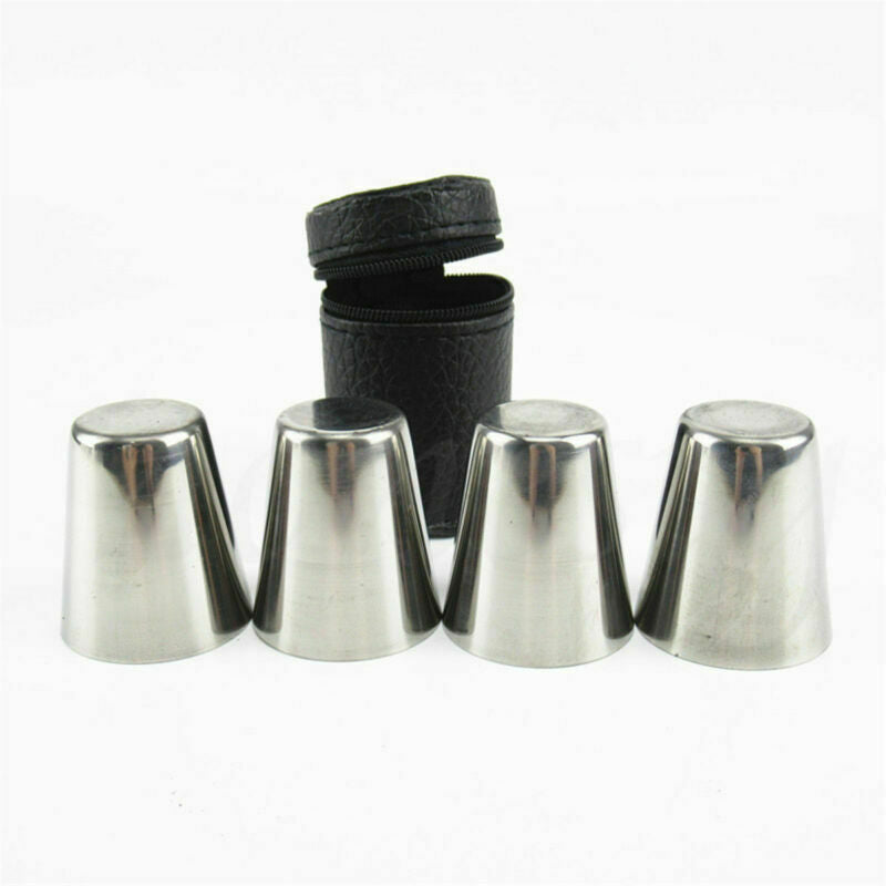 8X Portable Stainless Steel Shot Glass Cup Drinking Mug+2X PU Leather Cover Case