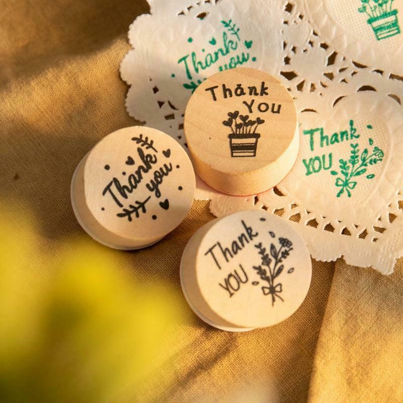 6pcs Card Making Stamps Set Thank You Decorative Mounted Wooden Rubber Stamp DIY
