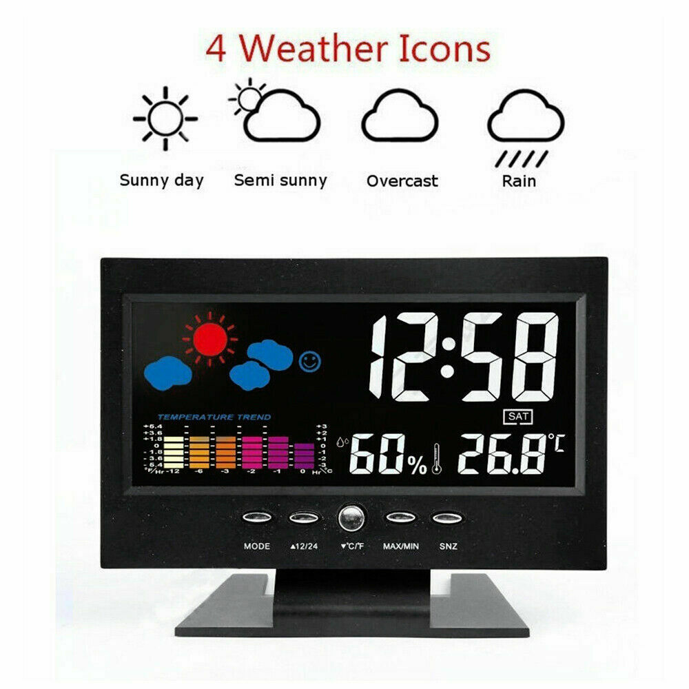 Desk Led Digital Alarm Clock Time Snooze Calendar/Weather/Date/Temp LCD Display
