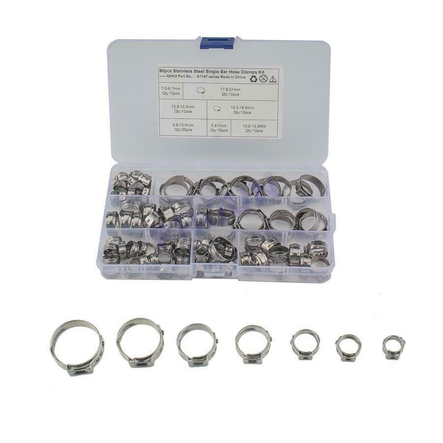 90x Single Ear Car Hydraulic Hose Clamps Clips Pipe Fuel Air Pipe Clamps 7 Sizes