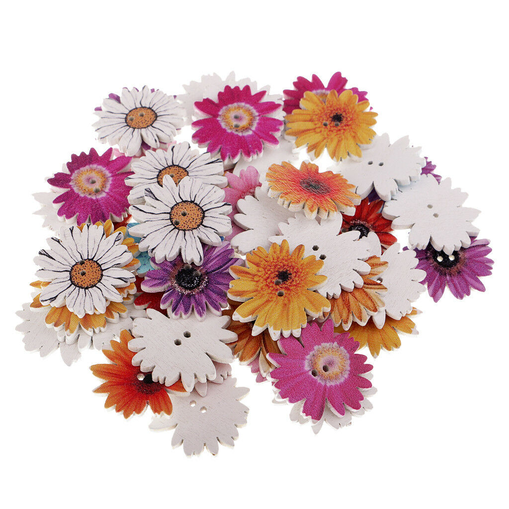 50x Daisy Flower Wooden 2 Holes Crafts Buttons for Sewing Scrapbooking 25mm