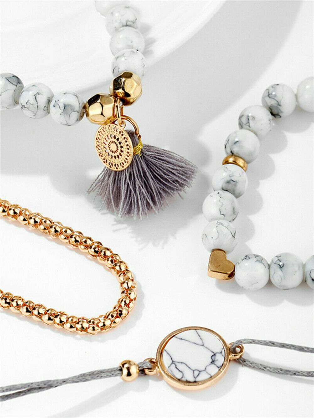 4Pcs/Set Boho Marble Beads Rope Tassel Bracelet Sets Womens Fashion Jewelry