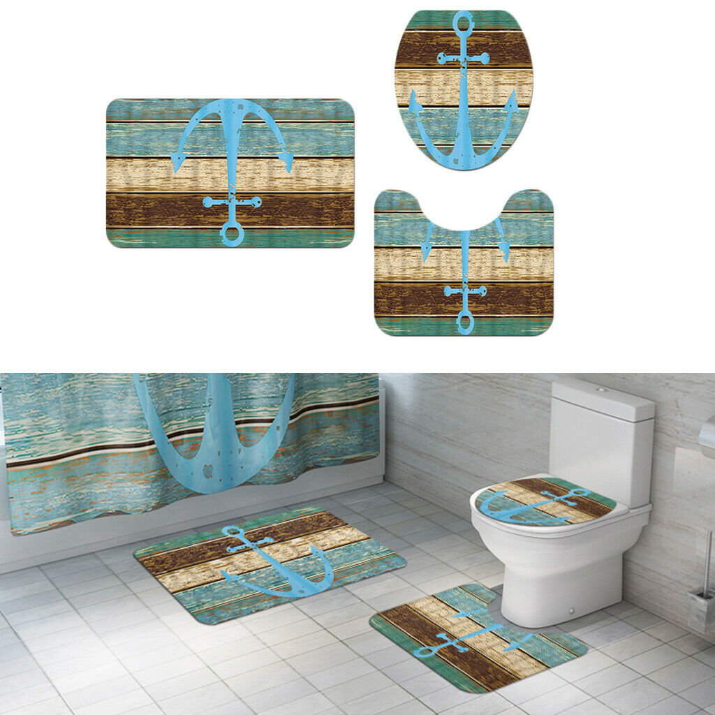 3 Pcs Bathroom Set Non-slip Rug Toilet Cover Pedestal Mat Marine Theme