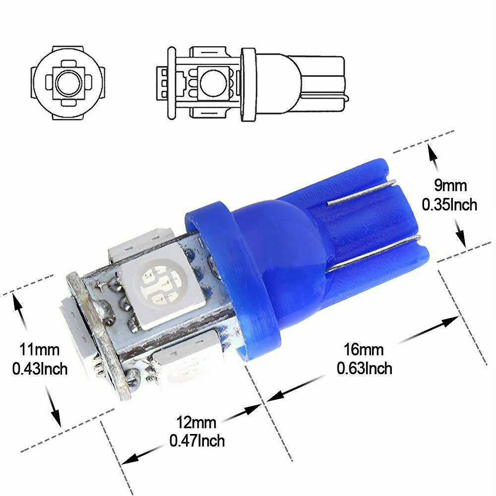 20x Ultra Blue T10 LED Bulbs Car Interior License Light 2825 192 194 5050 5 SMD