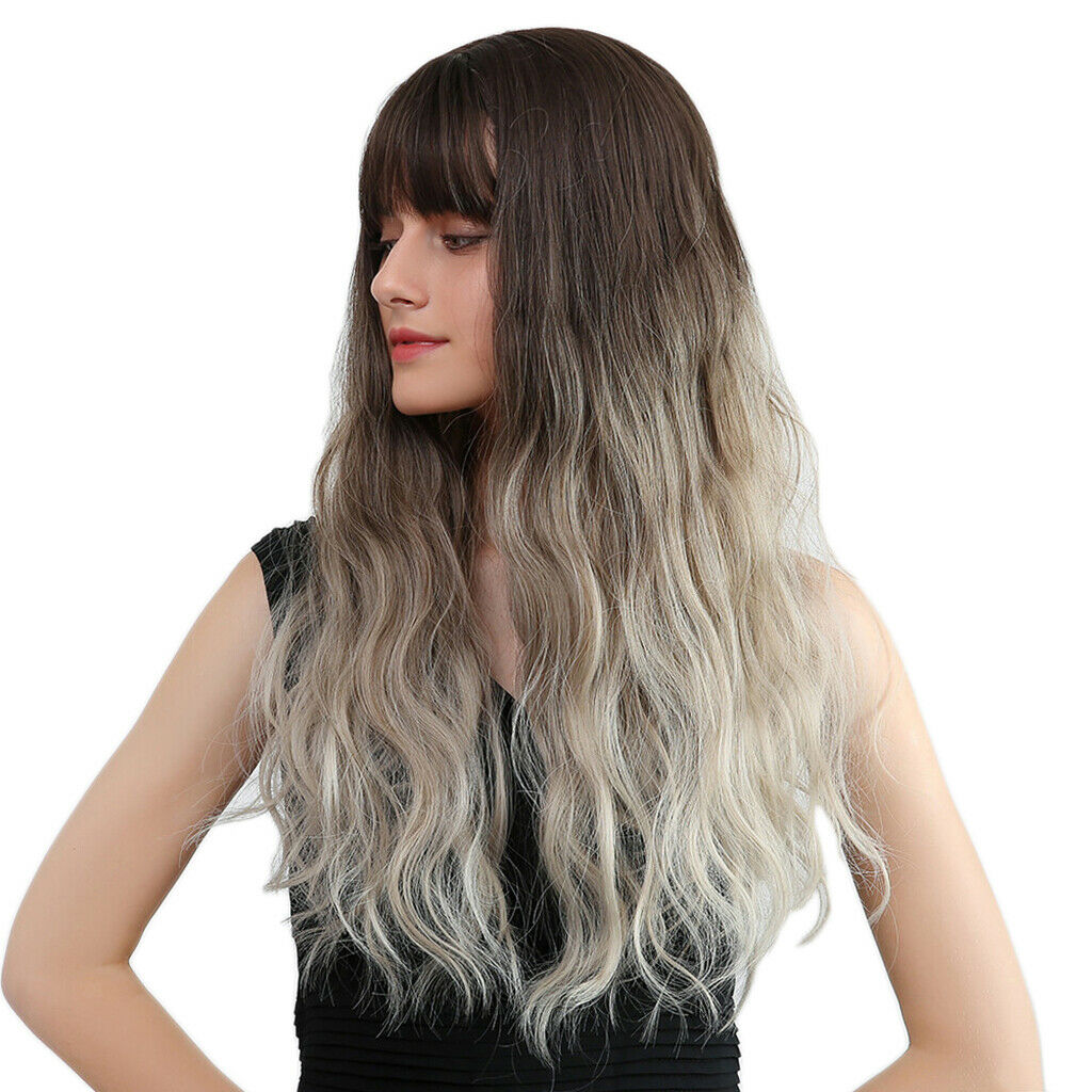Natural Long Curly Wig Brown Ombre Beige Wig with Neat Bangs Synthetic