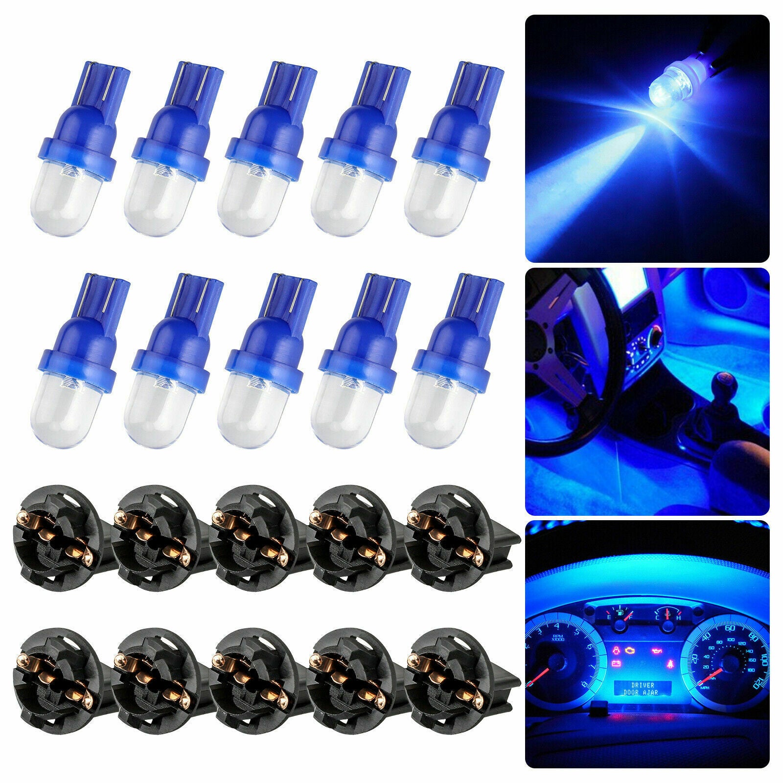 10x Blue T10 194 LED Bulbs for Instrument Gauge Cluster Dash Light W/ Sockets