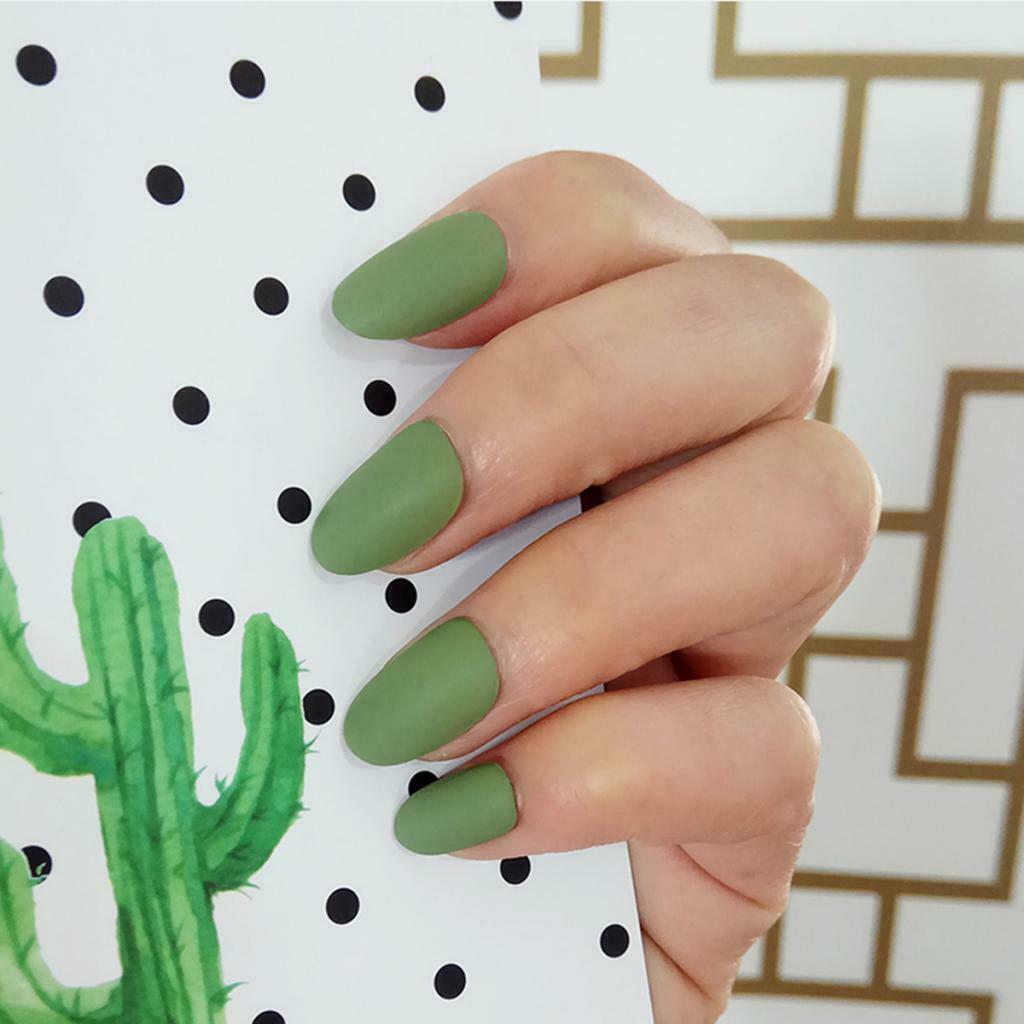24Pcs Matte Ballerina Pure Color Full Cover Short False Nails Art Tips Green