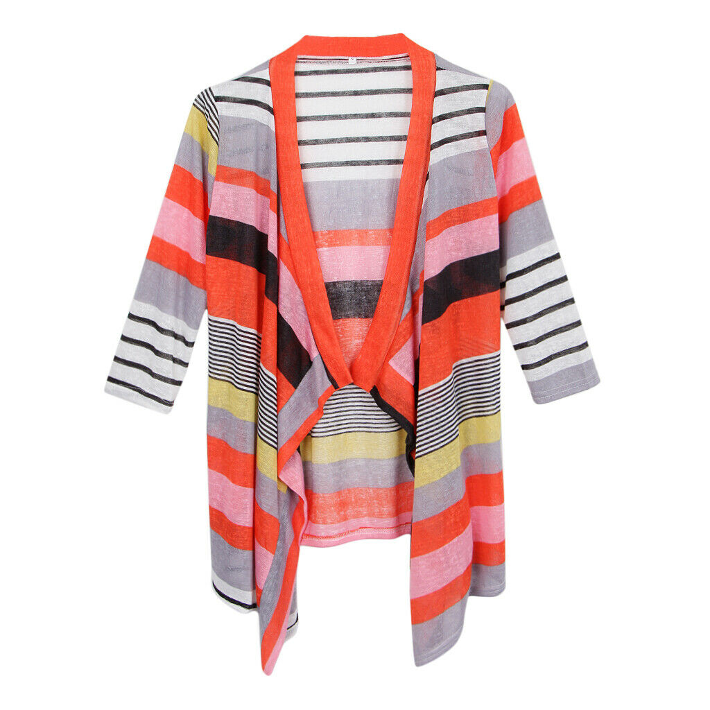 Women's 3/4 Sleeve Irregular Stripe Open Front Shawl Kimono Cardigan Red S
