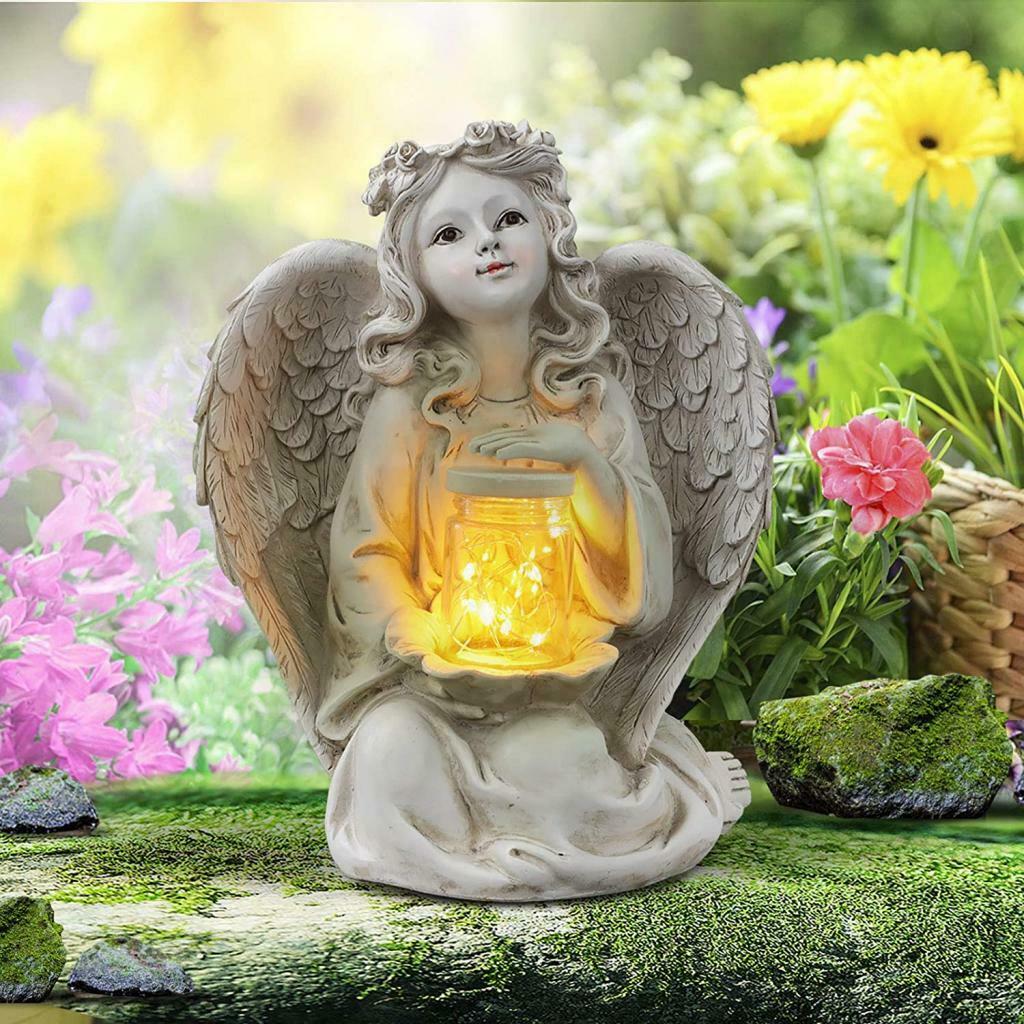 Holy Garden Angel Statue Solar LED Light Lantern Outdoor Fairy Sculpture