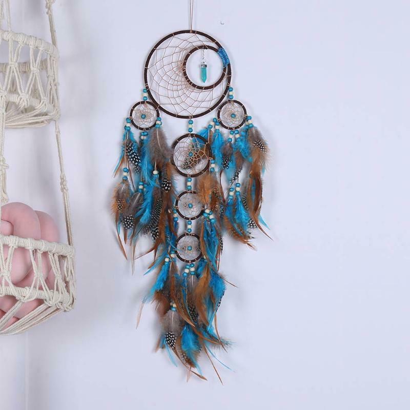 5 Circles Large Dream Catchers with Turquoises Feather Boho Wall Hanging Decor