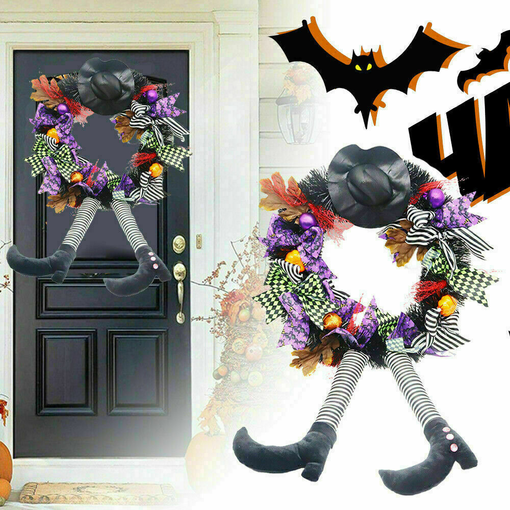 Happy Halloween Outdoor Wreath With Hat Legs Front Door Hanging Wreath Pumpkin