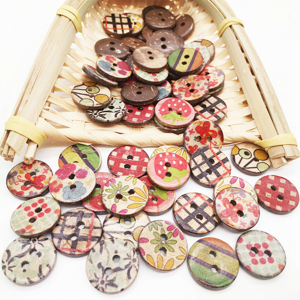 50 x Mixed Random Round Painted Coconut Shell Buttons Sewing Scrapbooking