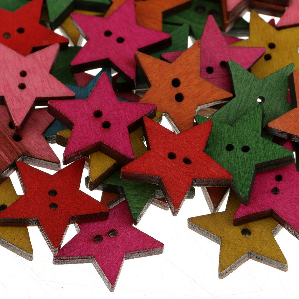 50pcs 2 Holes Mix Star Shape Wooden Craft Wood Sewing Buttons Decor Clothing