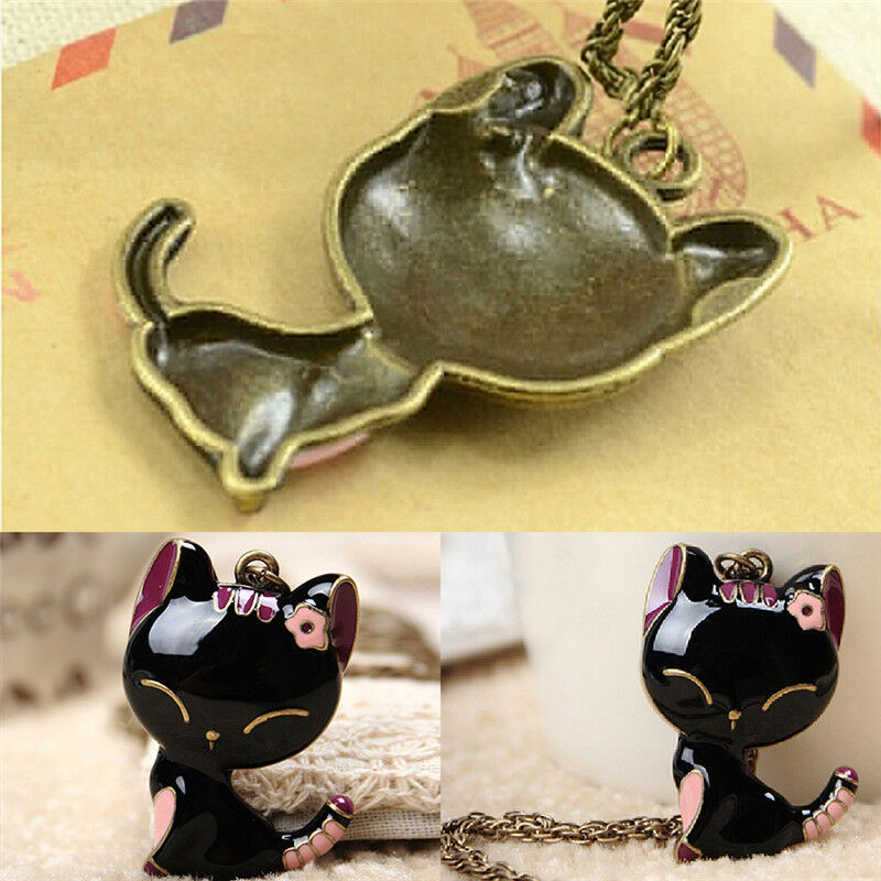 Retro Jewelry Black Drip Paint Smile Cat Pendant Necklace Long Necklac.l8