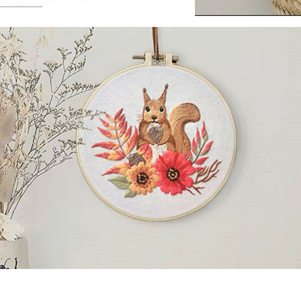 Floral Squirrel Embroidery Kit Stamped Full Set of Cross Stitch Needles Kits