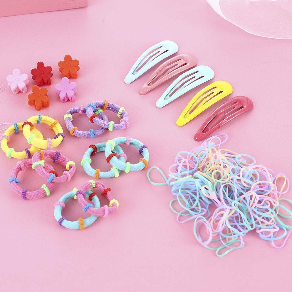 Full Set 220Pcs Candy Colors Girls Kids Hair Clips Rope Ponytail Holder Hairclip