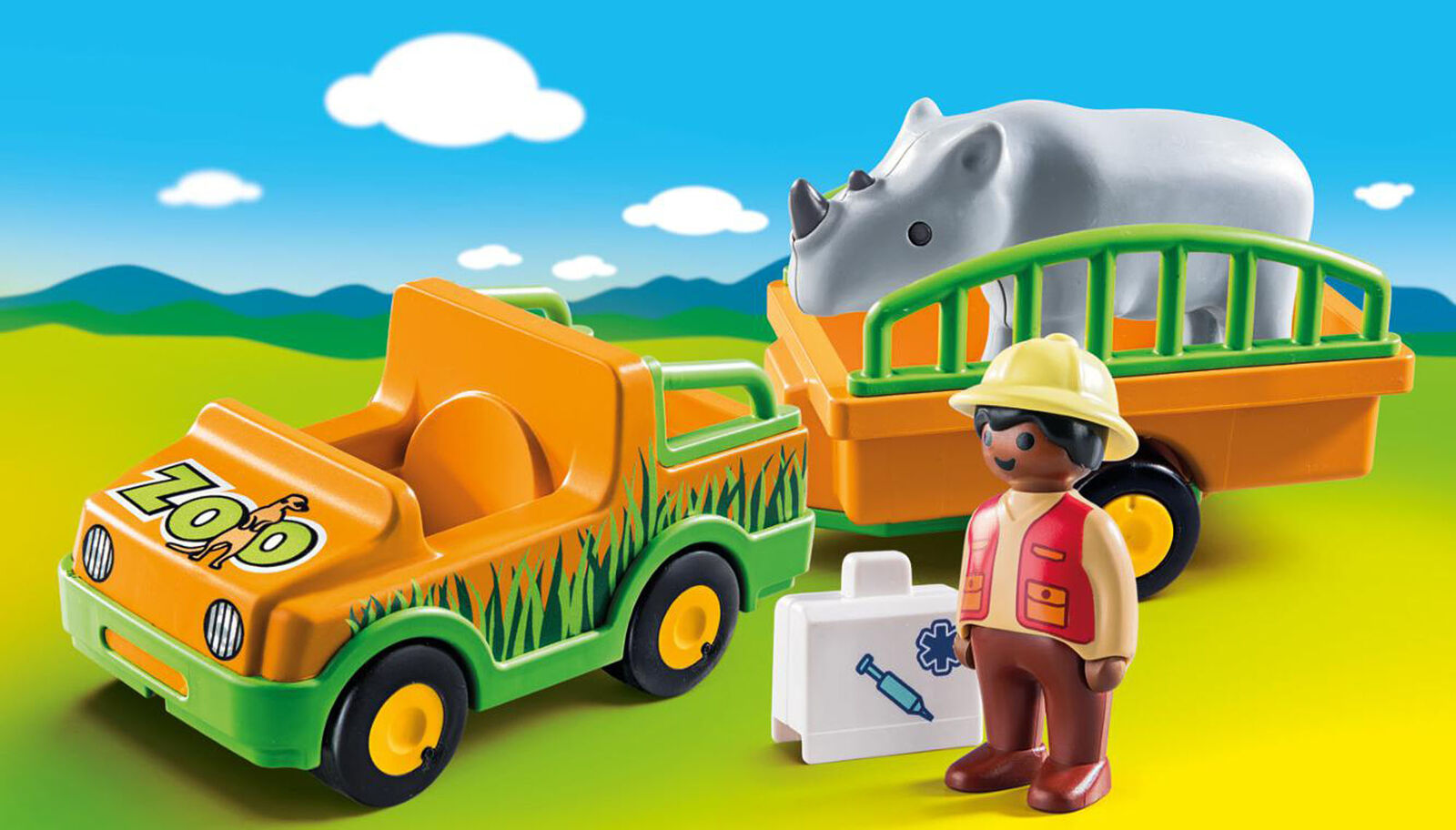 70182 Playmobil 1.2.3 Zoo Vehicle with Rhinoceros Suitable Age 2+
