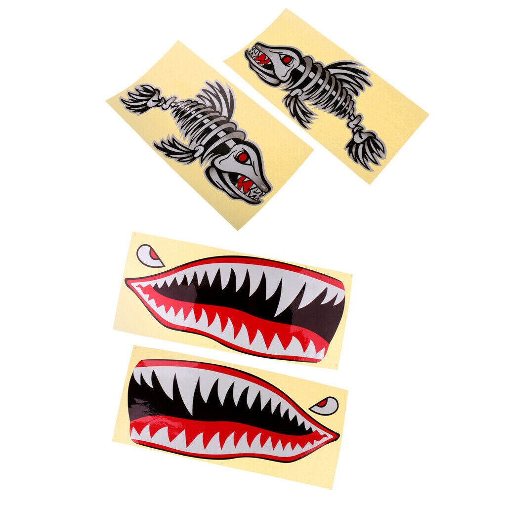 4 Pieces Skeleton Fish Bone and Shark Mouth Decals Stickers for Kayak Boat