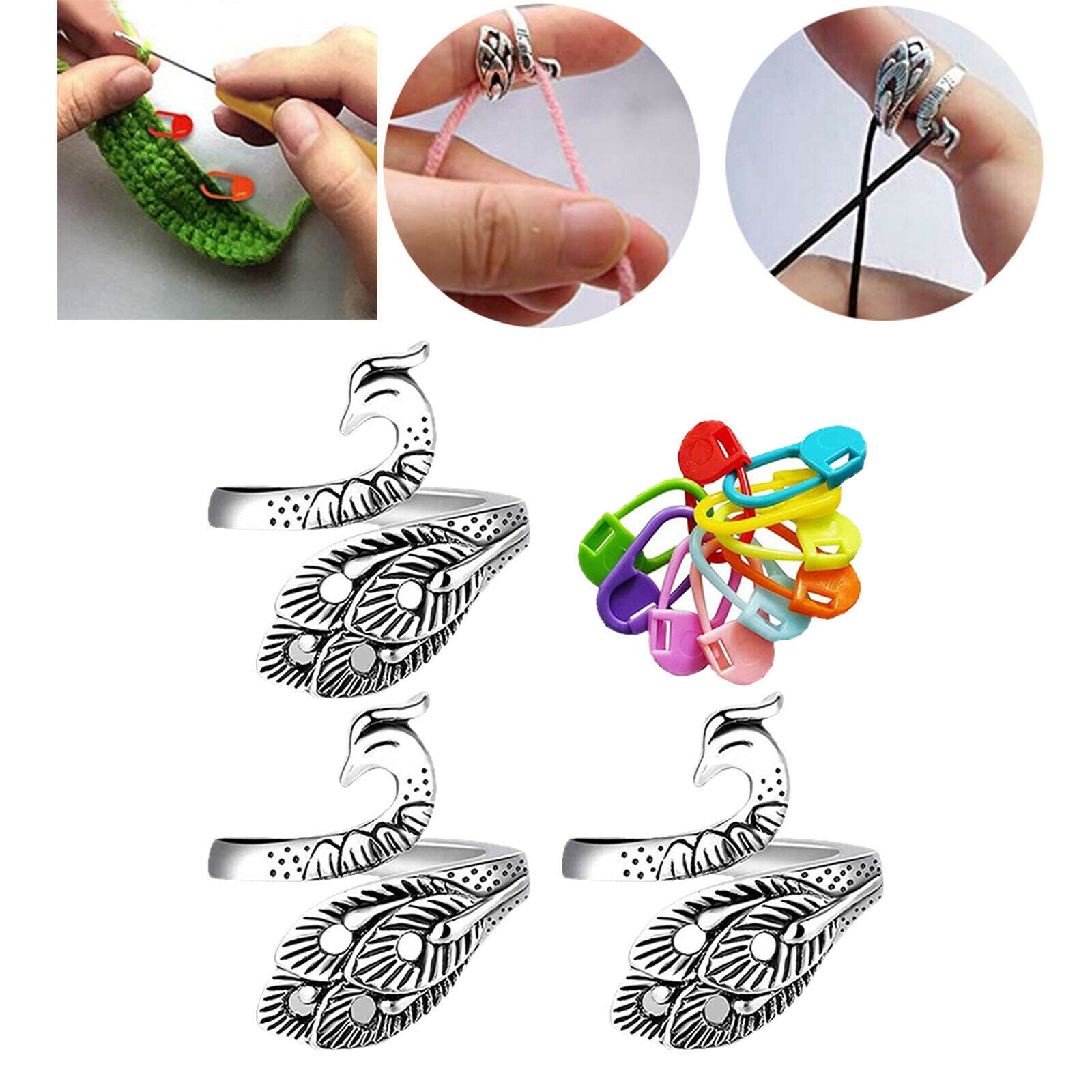 Crochet Ring Kit Peacock Adjustable Knitting Loop w/ Colorful Stitch Marker