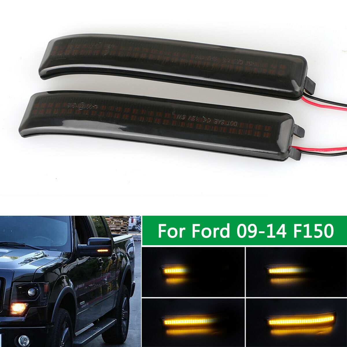 LED Side Mirror Reflector Lights Compatible Dynamic Amber For Ford F150 09-14