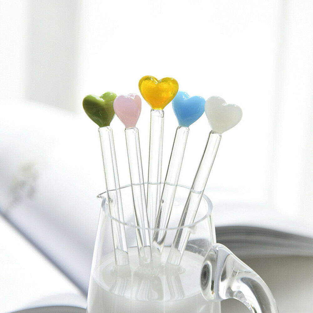 4pcs Glass Stir Sticks Heart Long Handle Beverage Swizzle Cocktail Picks Party