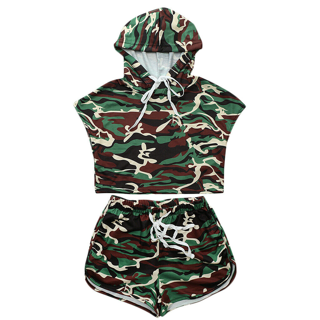 Summer Women Casual Outfit 2 Piece Set Crop Top Blouse Shirt&Short Pant  M