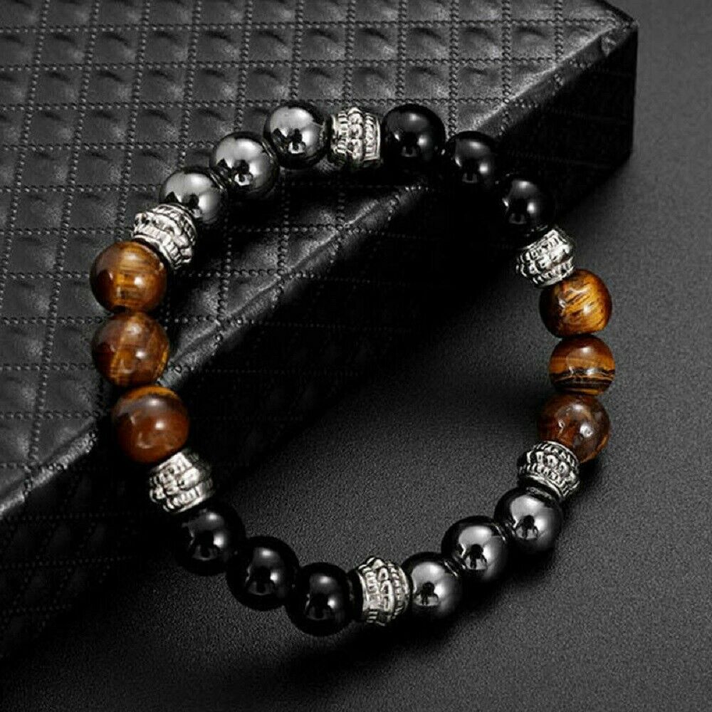 Energy Healing Stretch Bracelet Natural Stone Hematite Tiger Eye Obsidian Retro