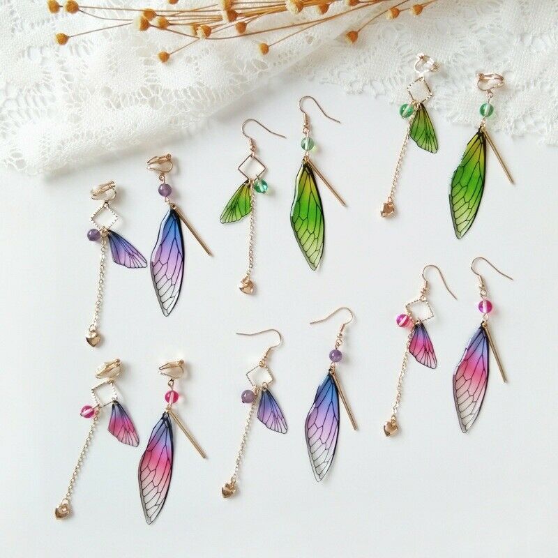 Butterfly Wings Drop Dreamy Blue Gradient Color Asymmetric Long Earrings Jewelry