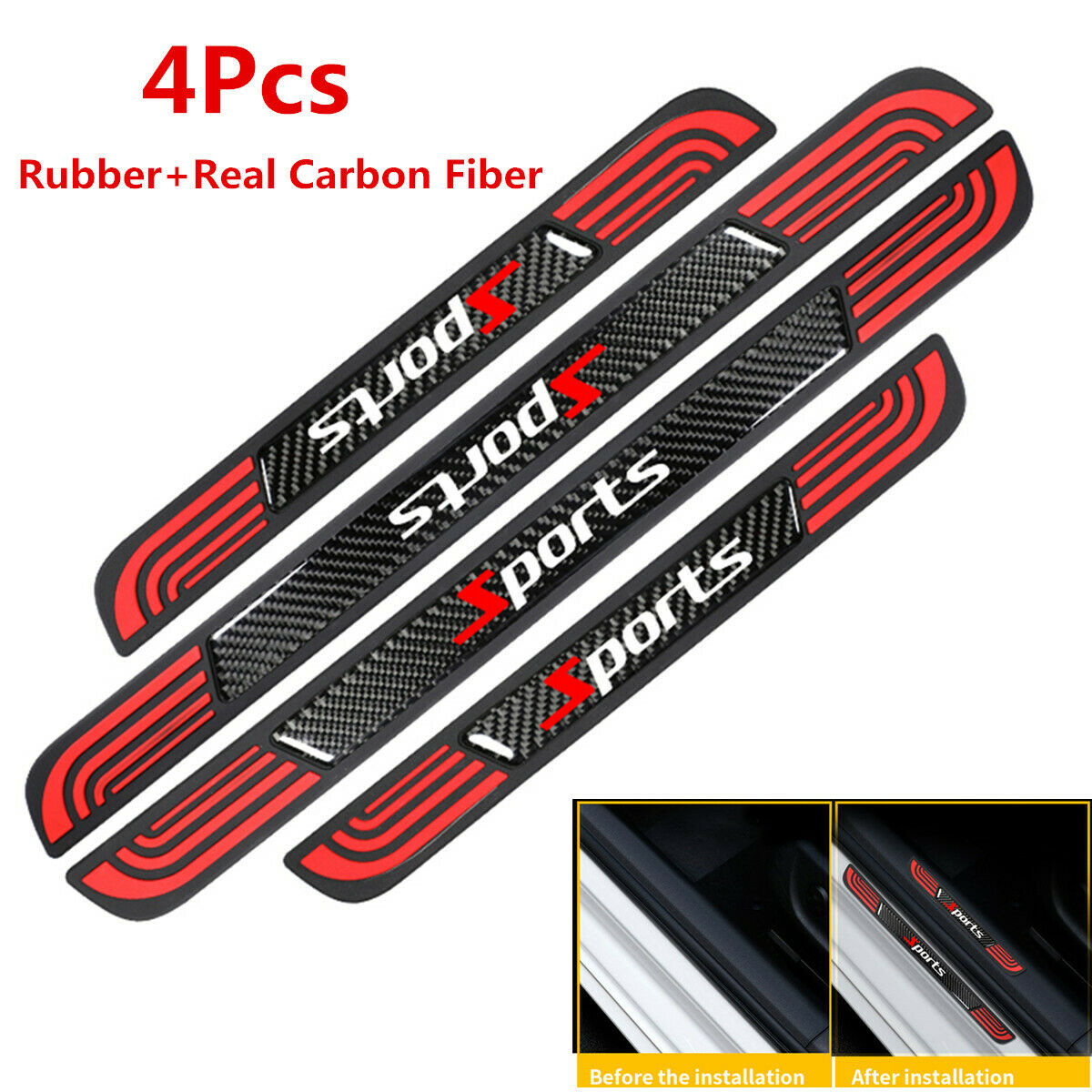 4PC Universal Rubber+Carbon Fiber Car Door Scuff Sill Cover Panel Step Protector