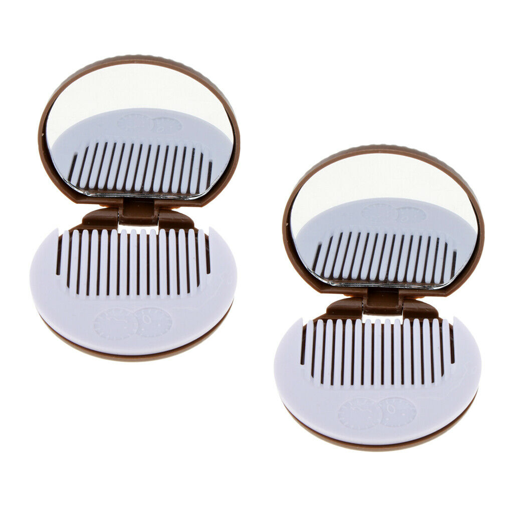 2 Round Folding Makeup Mirror Compact with Comb Pocket Biscuit Size Cute Brown
