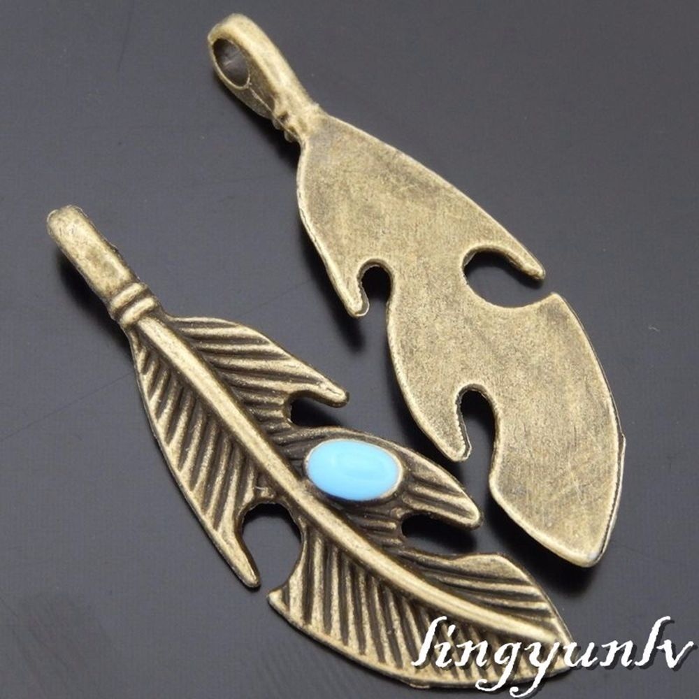 12 pcs Retro Bronze Charm Leaf with Turquoise Gem Pendant Dangle DIY 36*12*2mm
