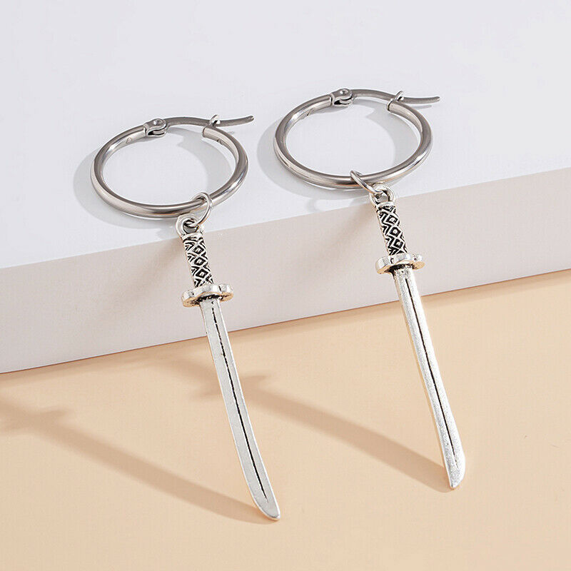 Fashion Sword Shape Pendant Tassel Drop Dangle Earrings Stud Women Men Je.l8