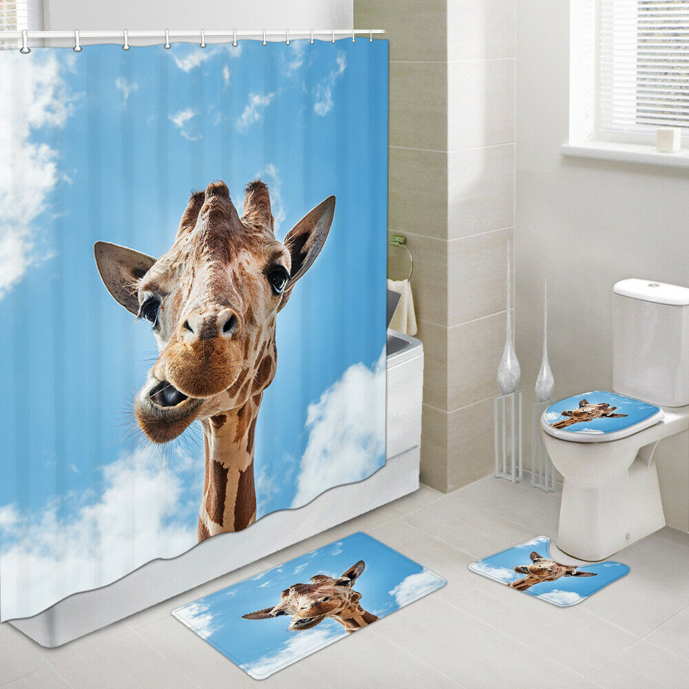 Giraffe Face Closeup Shower Curtain Set Bath Rug Toilet Lid Seat Cover 4PCS-Set