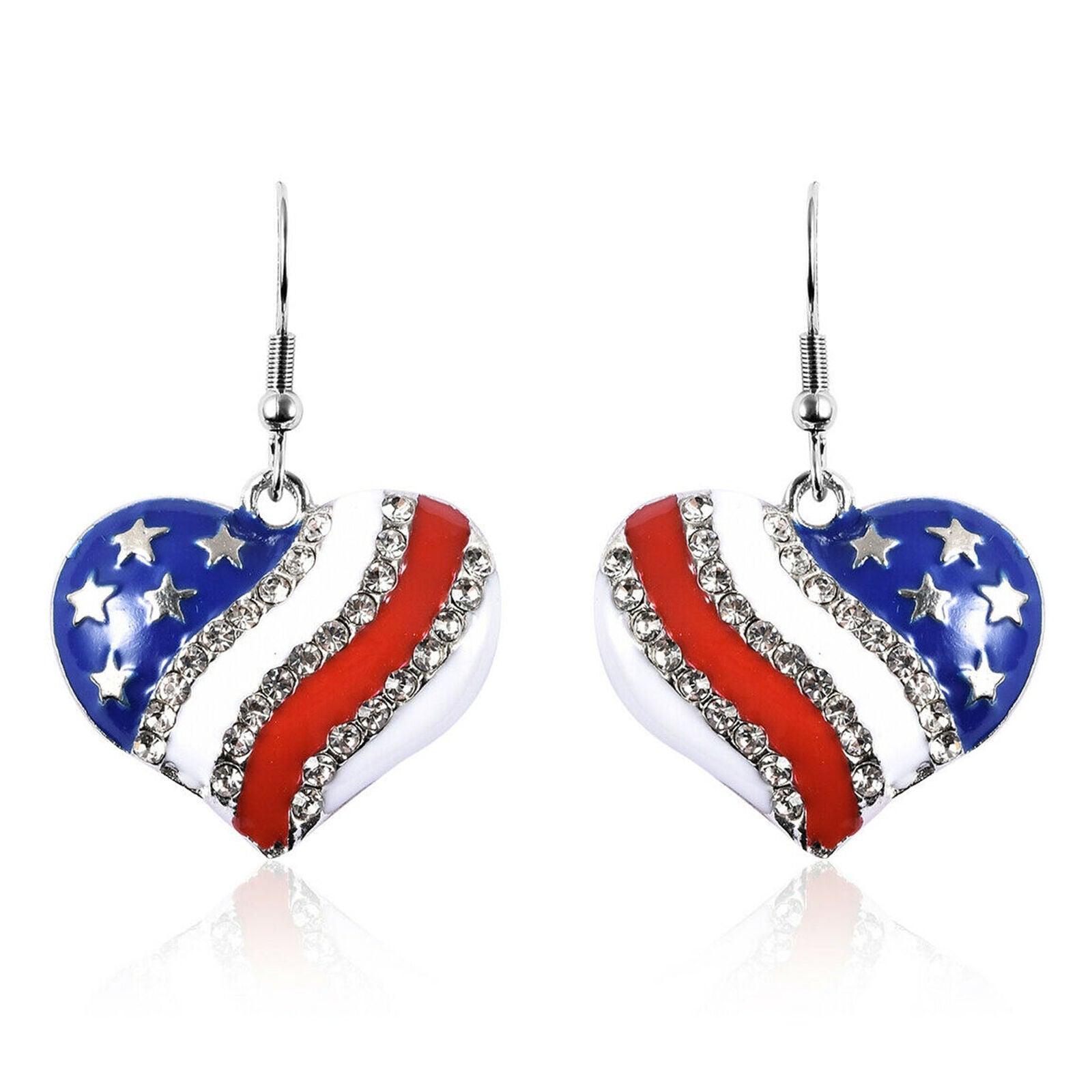 White Crystal National Flag of America Theme Heart Dangle Drop Earrings Gift