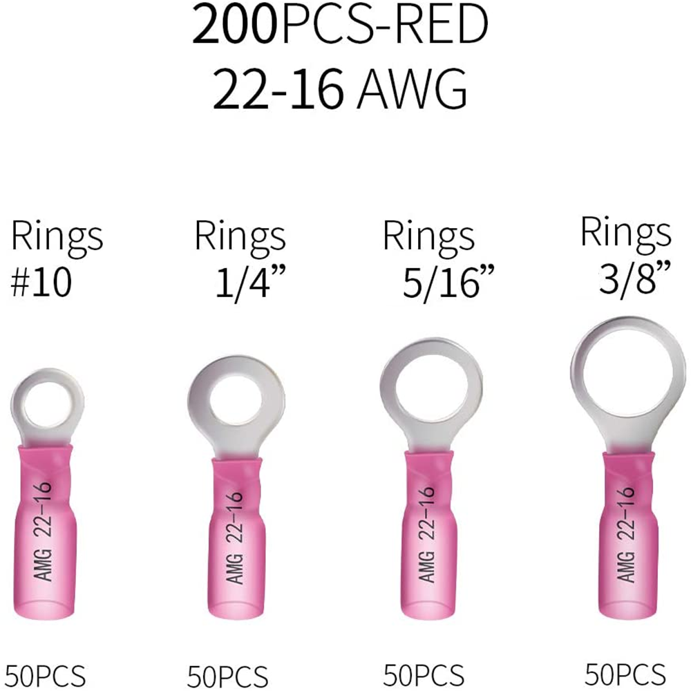 200pcs Red 22-18 GAHeat Shrink Ring Terminal Connector #8 Crimp Wire 4 Sizes