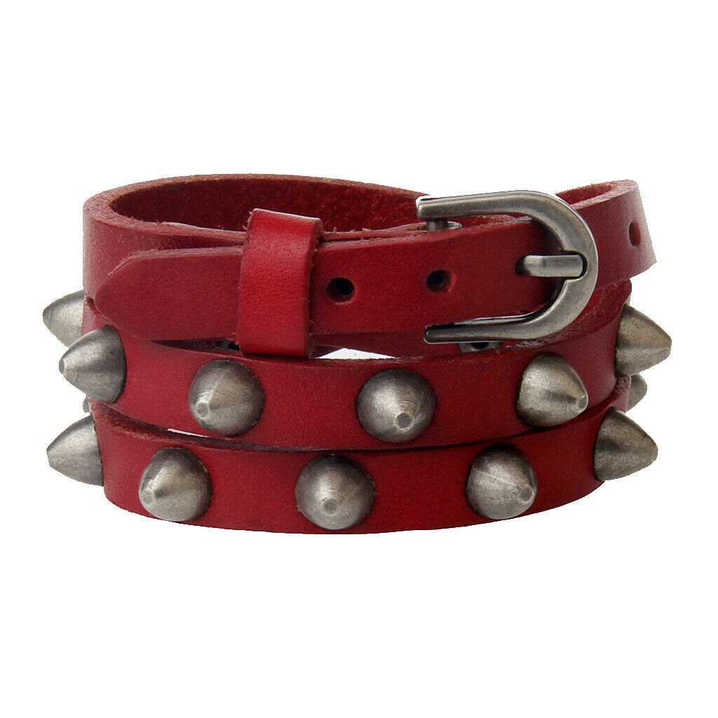 Multi-layer Bucket Nail PU Leather Bracelet River Belt Strap Bangle Red