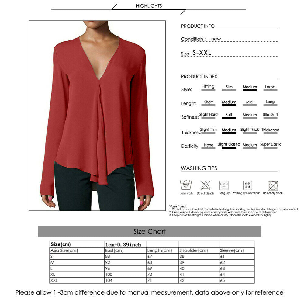 US Ladies Summer Women V-neck Long Sleeve Casual T Shirt Tops Blouse PLUS SIZE