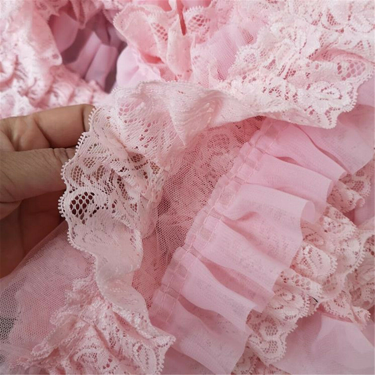 100CM Pink Chiffon Ruffle Lace Trim 3Layer Pleated Ribbon DIY Dress Sewing Decor