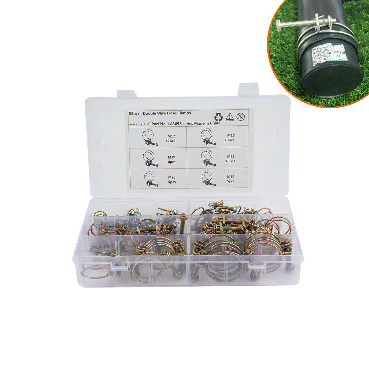 52Pcs Set Hose Clamp Double Wire Pipe Clamp Screw Bolt Tight Joint Iron Wire
