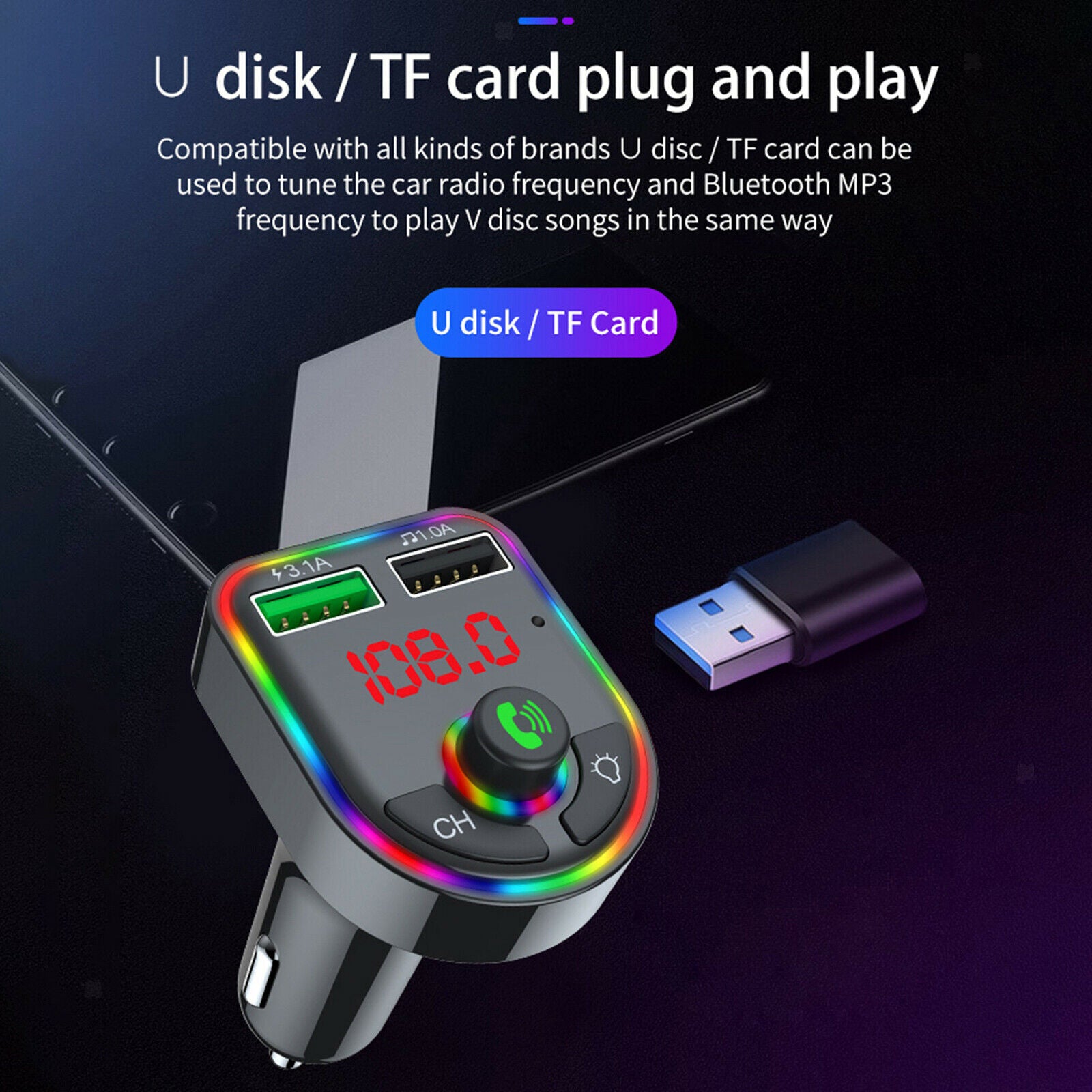 Car Bluetooth V5.0 FM Transmitter Quick Charge Hands-Free Call 2 USB Ports