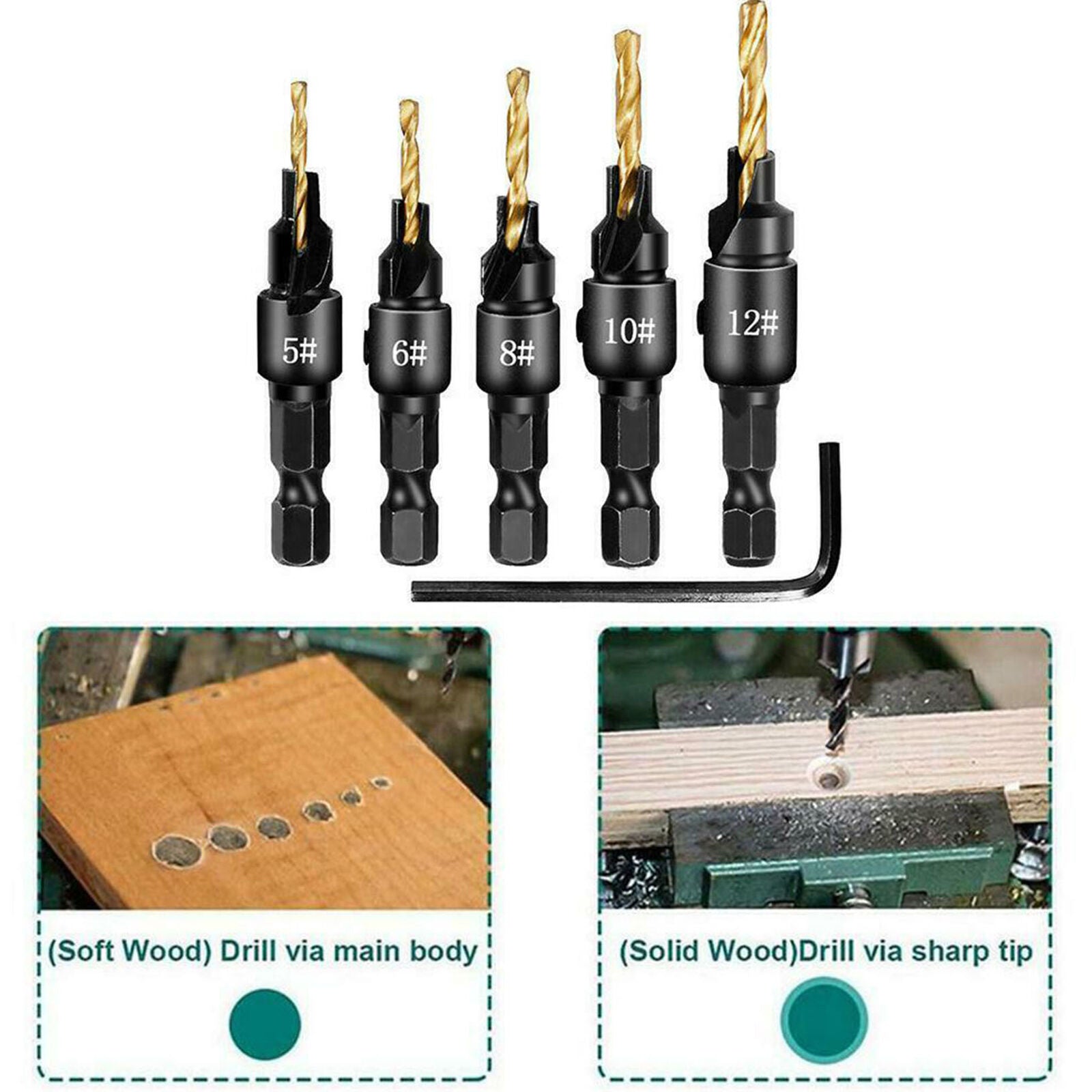 5Pcs 5 Flutes 6-12# Carpentry Countersink Drill Bit Set 1/4" Hex Shank HSS