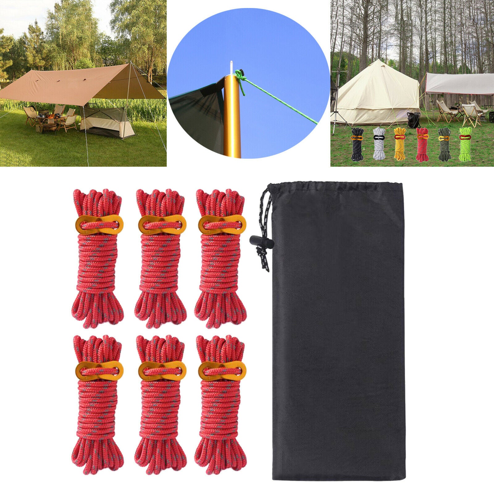 6Pcs Reflective Guylines Tent Cords 13ft Lightweight for Camping Hiking Red
