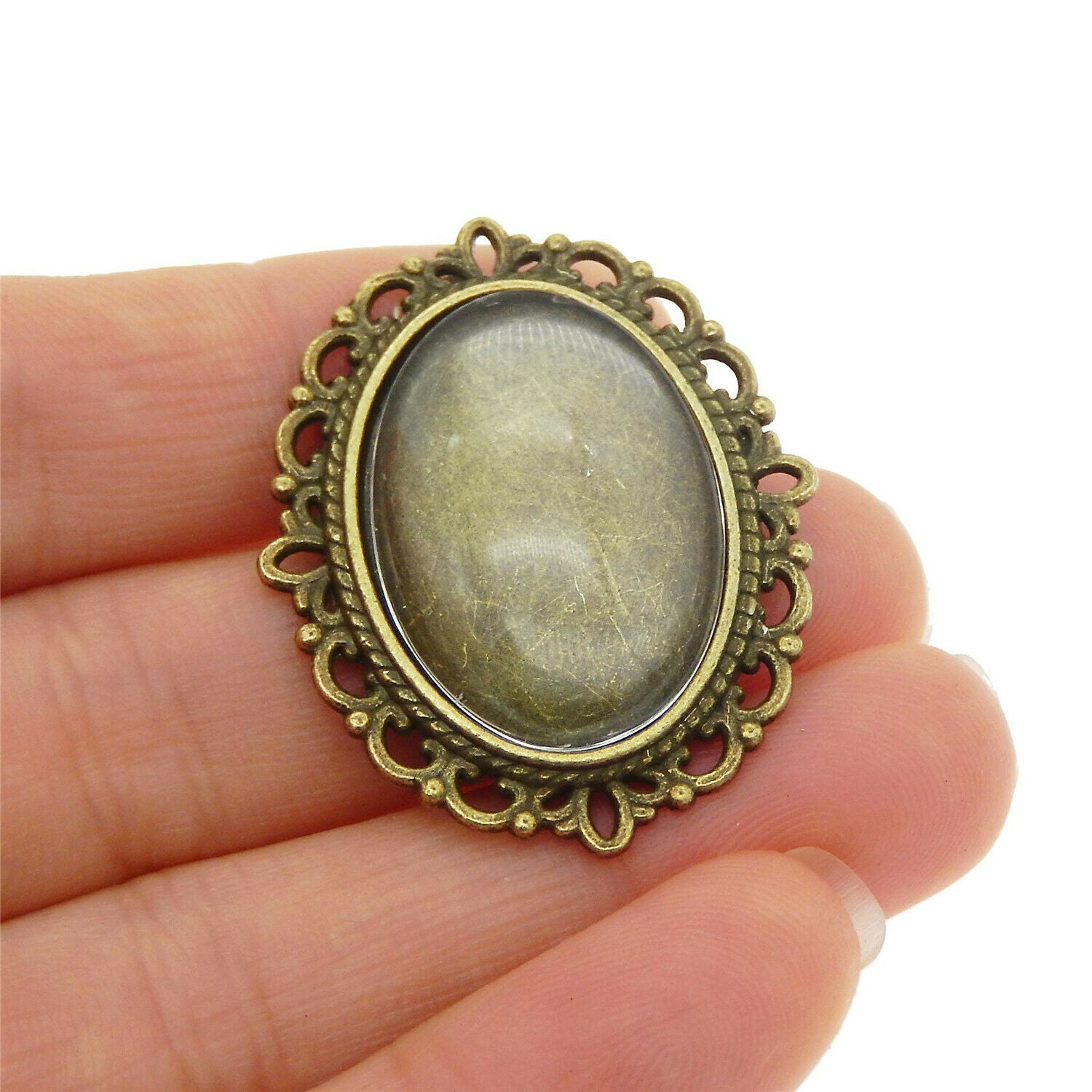 2Sets Alloy Bronze Oval Base w/ 25x18mm Glass Cameo Cabs Brooch DIY Accessories