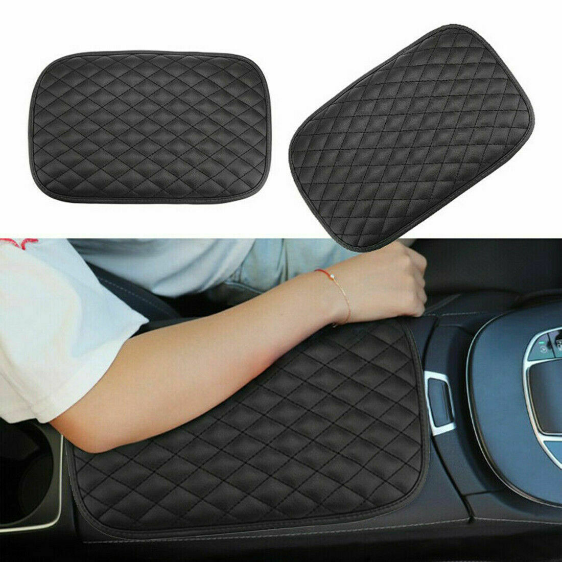 1pc Car Leather Armrest Pad Cover Center Console Box Cushion Mat Protector Black
